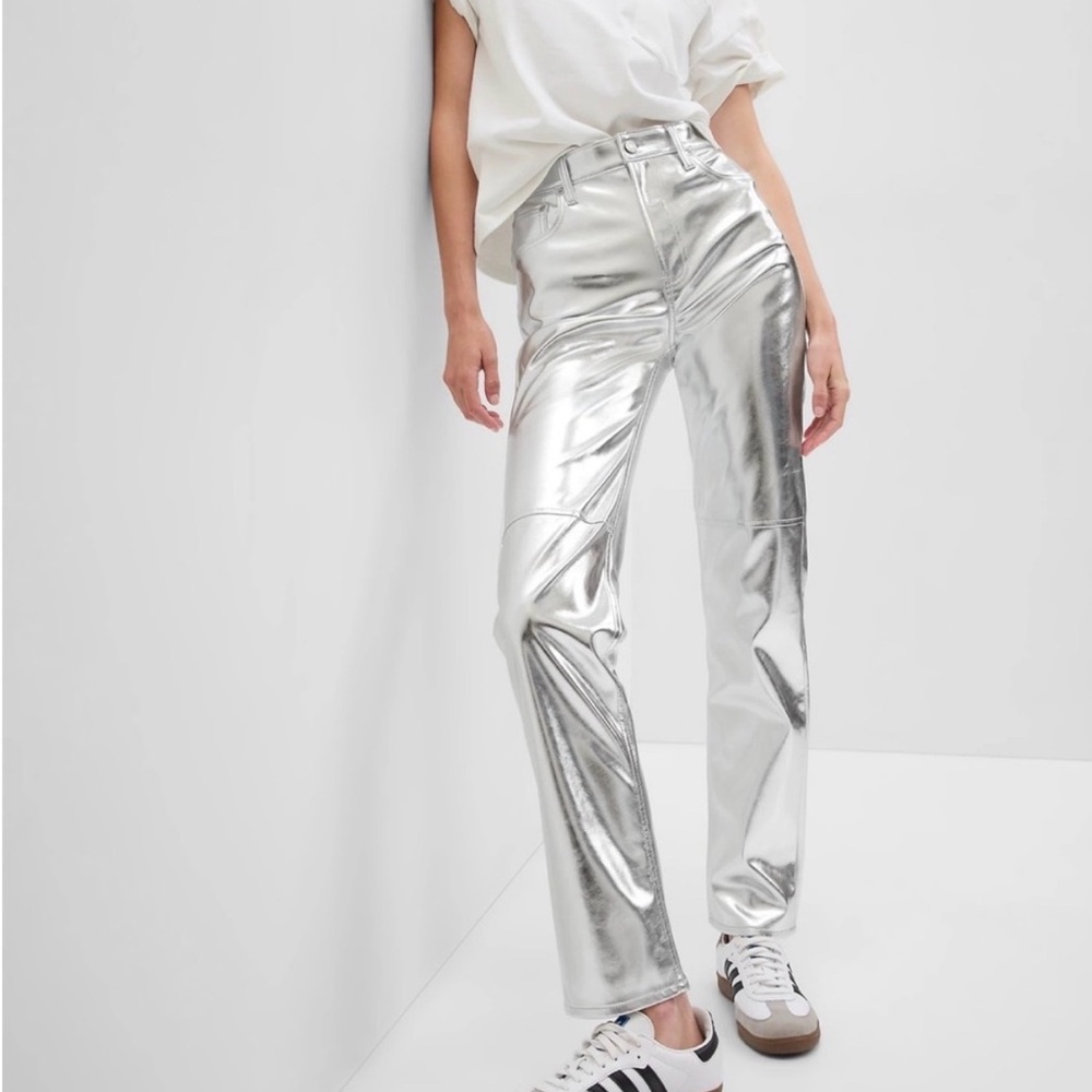 GAP Metallic Silver High-Rise Straight-Leg Pants